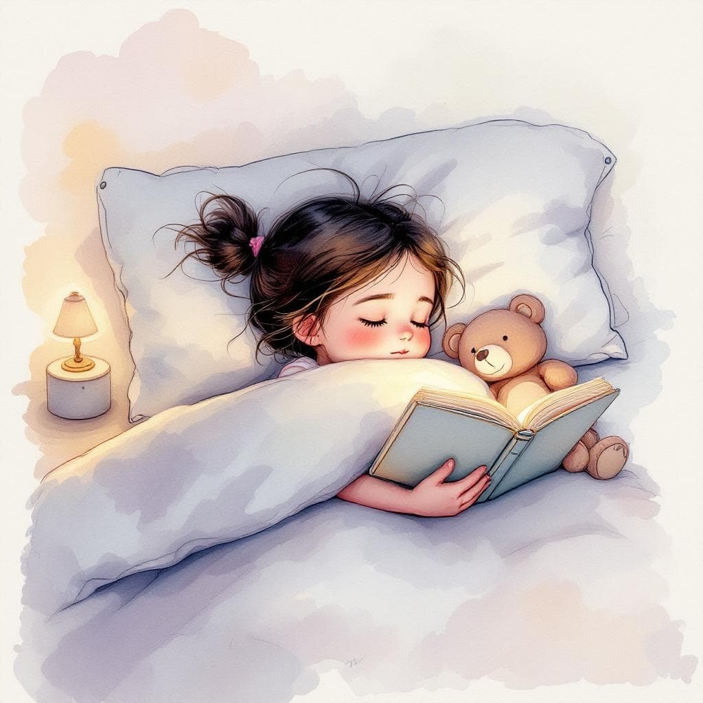 Aquarel van een slapend kind met een boek en een teddybeer