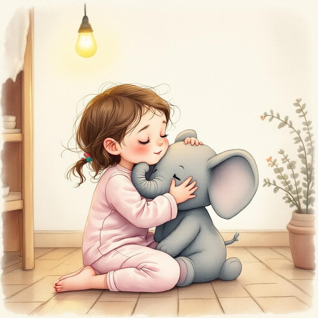 Een klein meisje in pyjama met een knuffelolifant